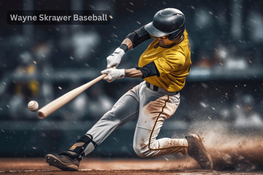 A baseball player from Wayne Skrawer Baseball swings his bat, aiming to hit a pitched ball during a game