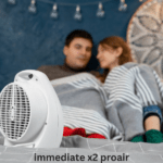 A couple relaxes in bed, enjoying warmth from a heater, with the Immediate X2 ProAir air purifier nearby.