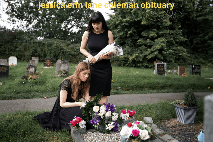 In a solemn tribute, two women in black dresses arrange flowers on graves for Jessica Erin Lane Coleman Obituary celebration of life.