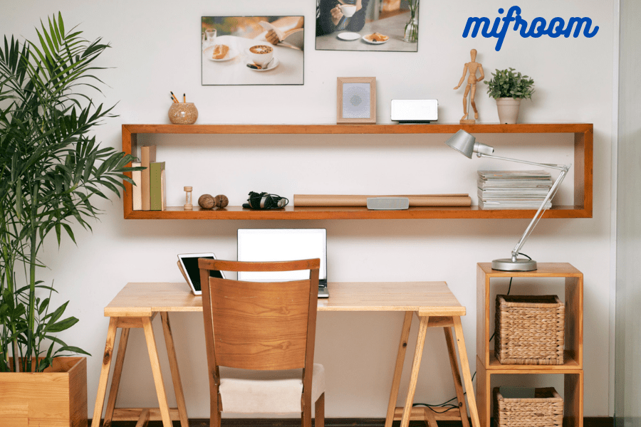 A stylish and modern home office with a well-organized Mifroom design, featuring ergonomic furniture, ample lighting, and a clutter-free workspace for productivity.