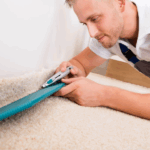 Man is trying to cut carpet