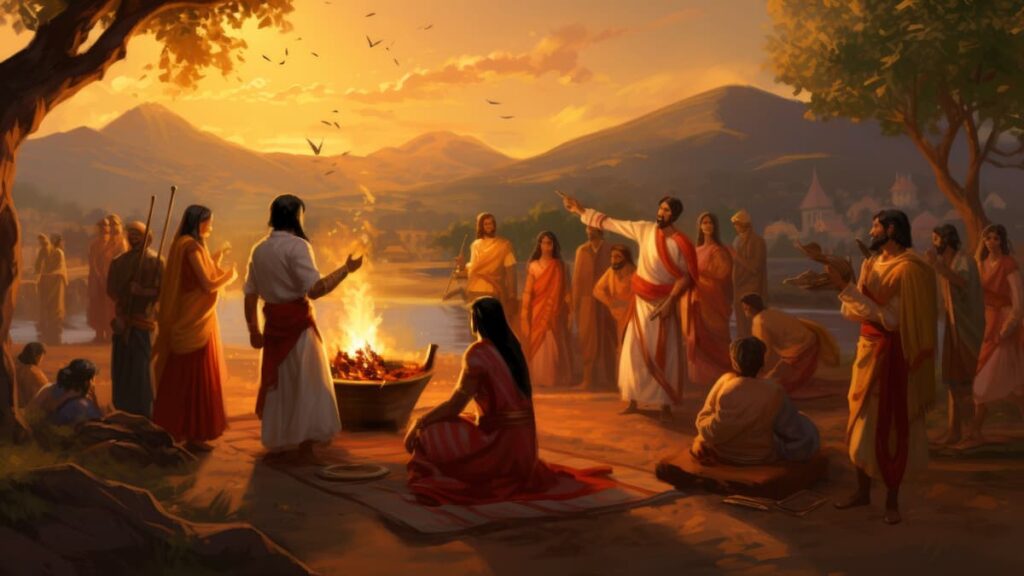 An artwork showing individuals around a fire, symbolizing community celebrations and ancient rituals in a warm atmosphere çievri