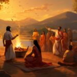 An artwork showing individuals around a fire, symbolizing community celebrations and ancient rituals in a warm atmosphere çievri