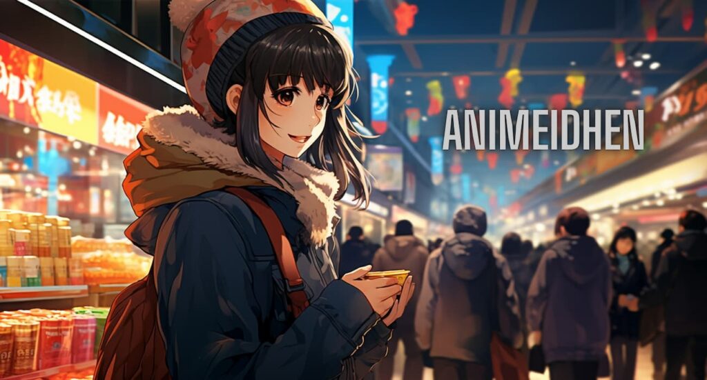 Anime girl wearing a hat and scarf stands in front of a store, showcasing a vibrant urban scene. animeidhen