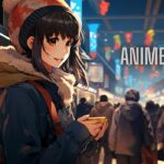 Anime girl wearing a hat and scarf stands in front of a store, showcasing a vibrant urban scene. animeidhen